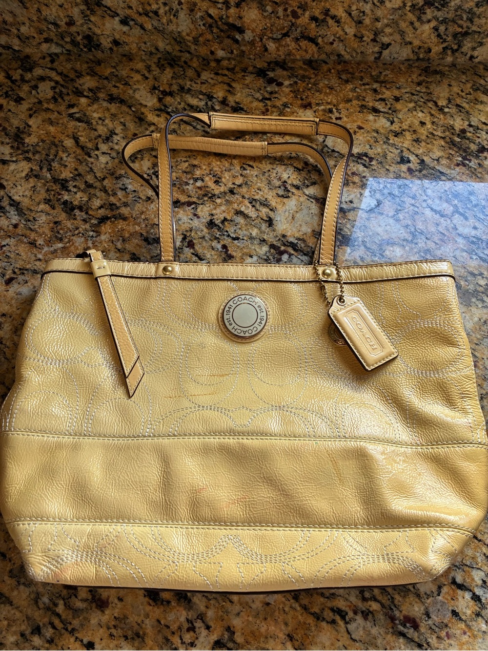 Coach Yellow Leather Tote with Signature Medallion and Hangtag